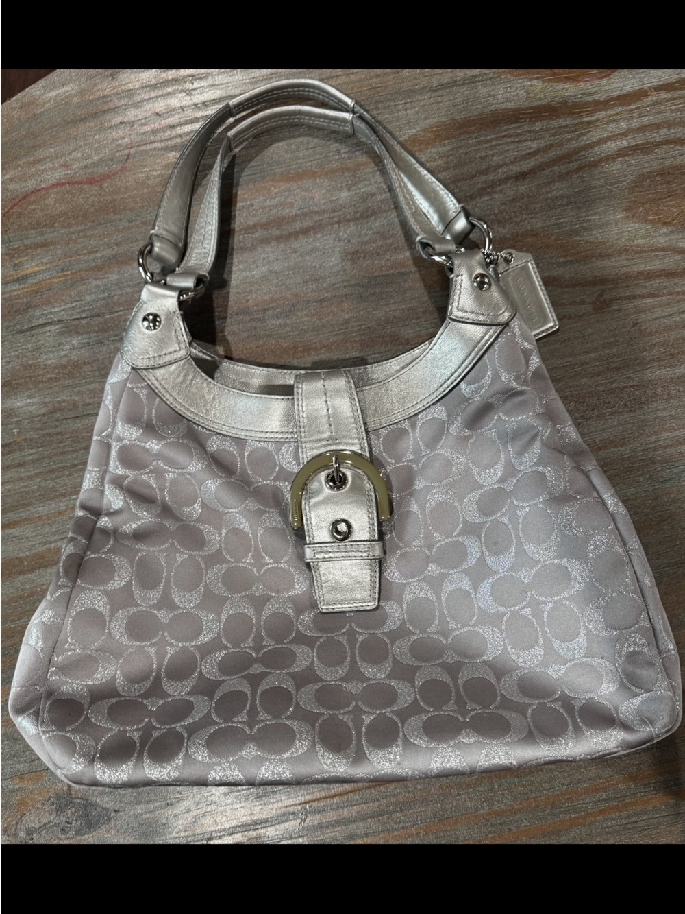 Coach Silver Signature Hobo with Metallic Trim